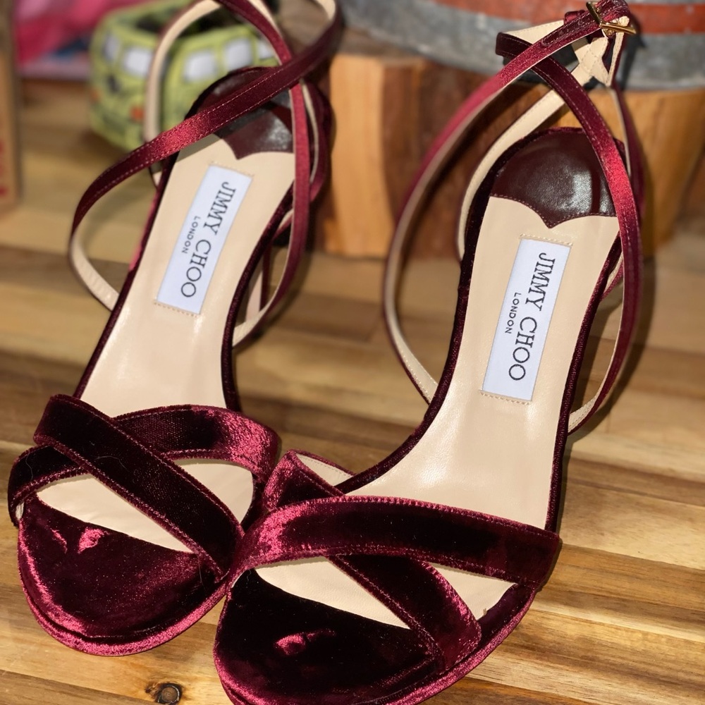Jimmy Choo Burgundy Velvet And Satin Lola Cross Strap Sandals Size 39 - Picture 14 of 16